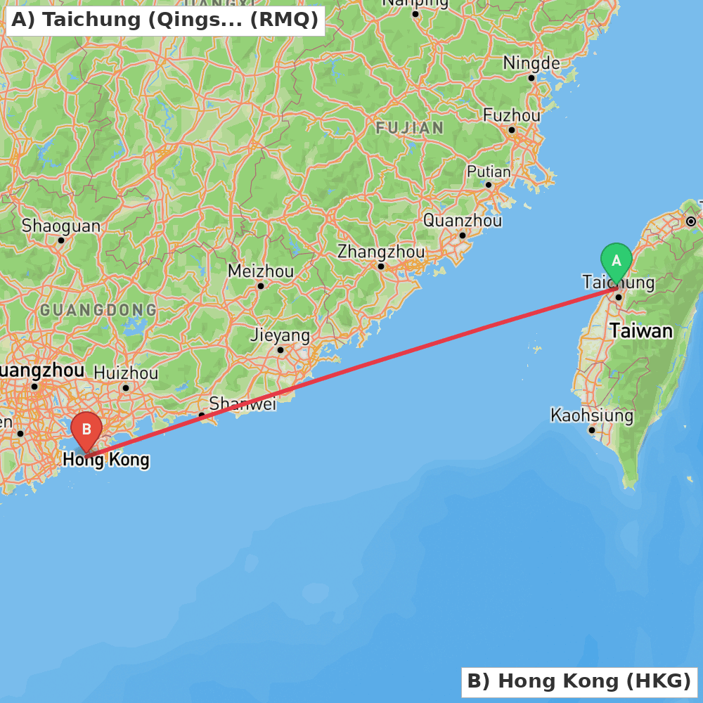 Flight route map from Taichung (Qingshui) to Hong Kong