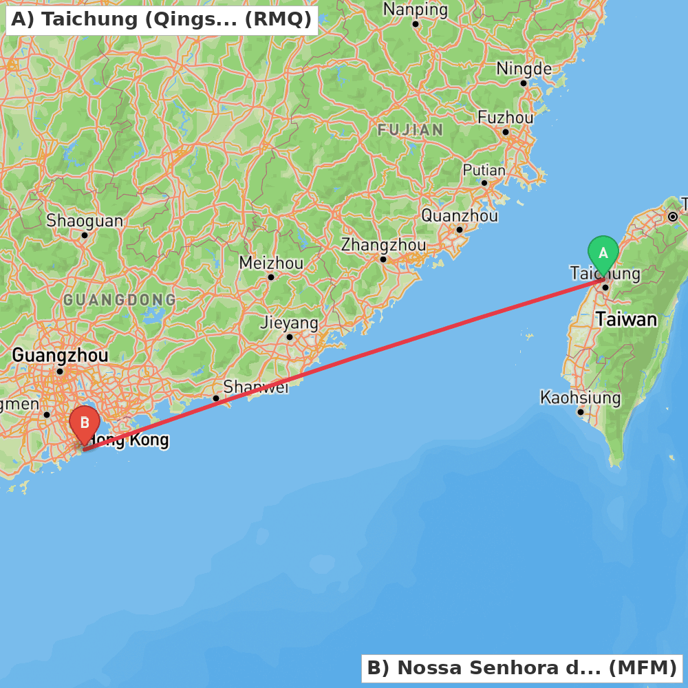 Flight route map from Taichung (Qingshui) to Nossa Senhora do Carmo