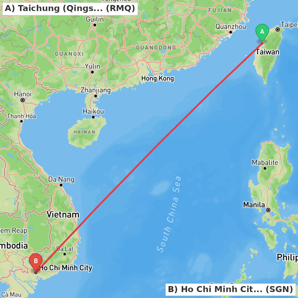 Flight route map from Taichung (Qingshui) to Ho Chi Minh City