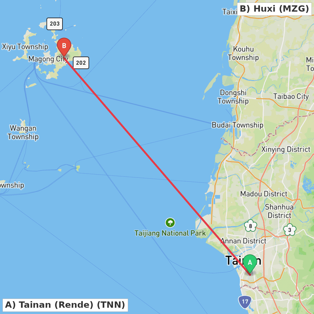Flight route map from Tainan (Rende) to Huxi