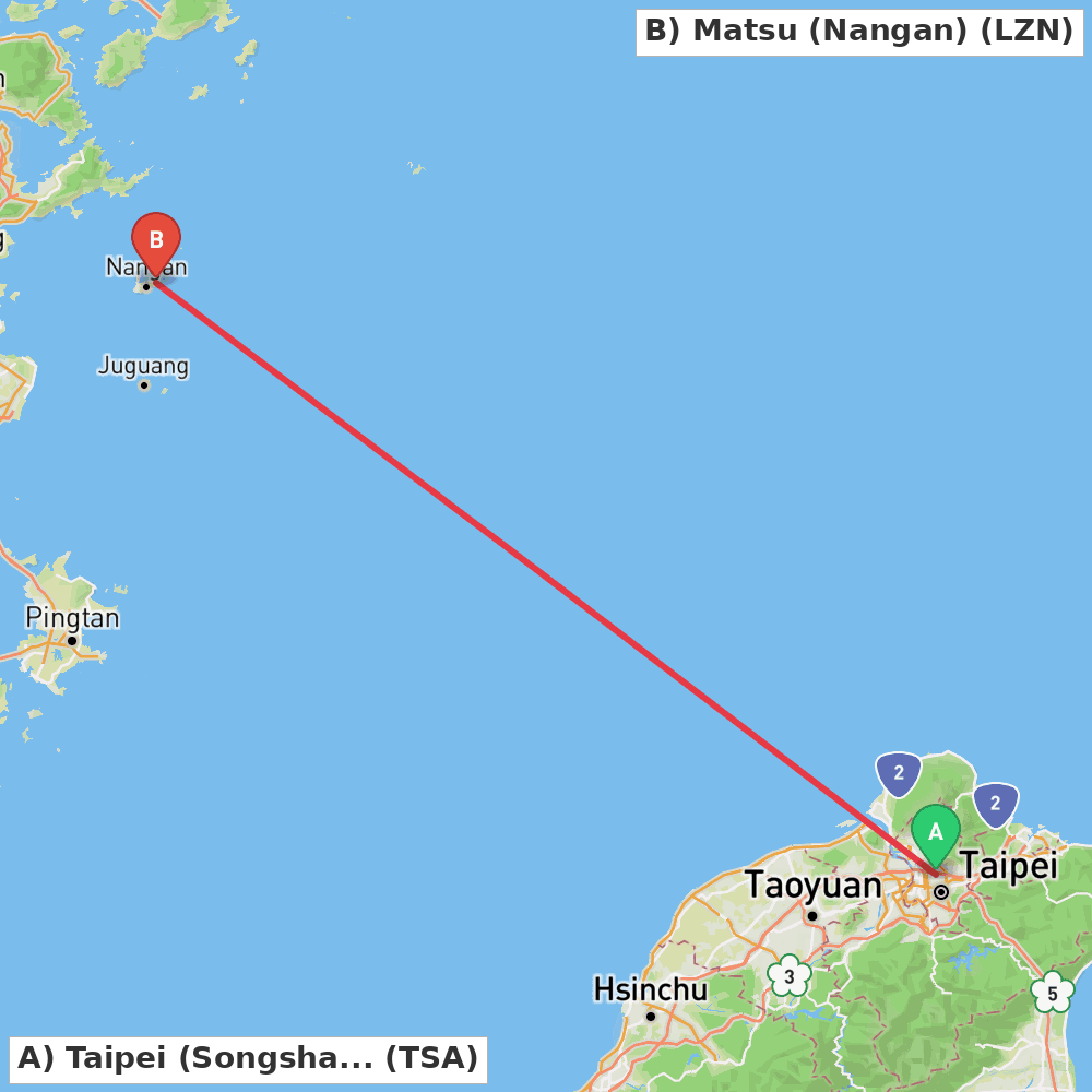 Flight route map from Taipei (Songshan) to Matsu (Nangan)