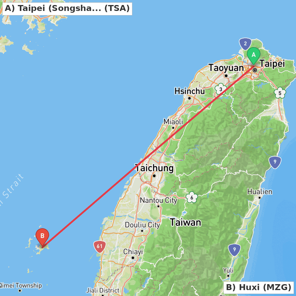 Flight route map from Taipei (Songshan) to Huxi