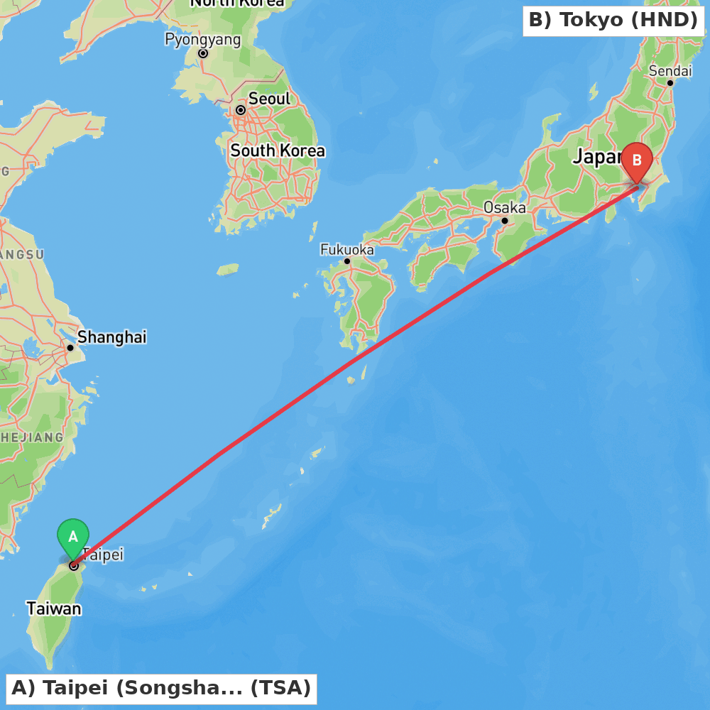 Flight route map from Taipei (Songshan) to Tokyo