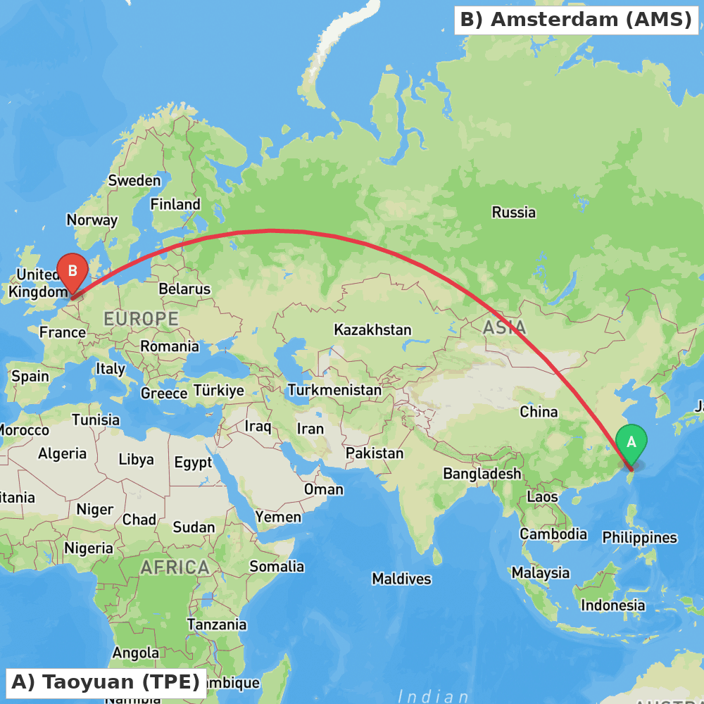 Flight route map from Taoyuan to Amsterdam