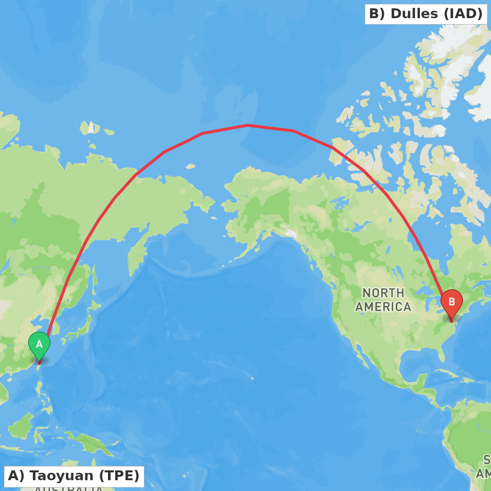 Flight route map from Taoyuan to Dulles