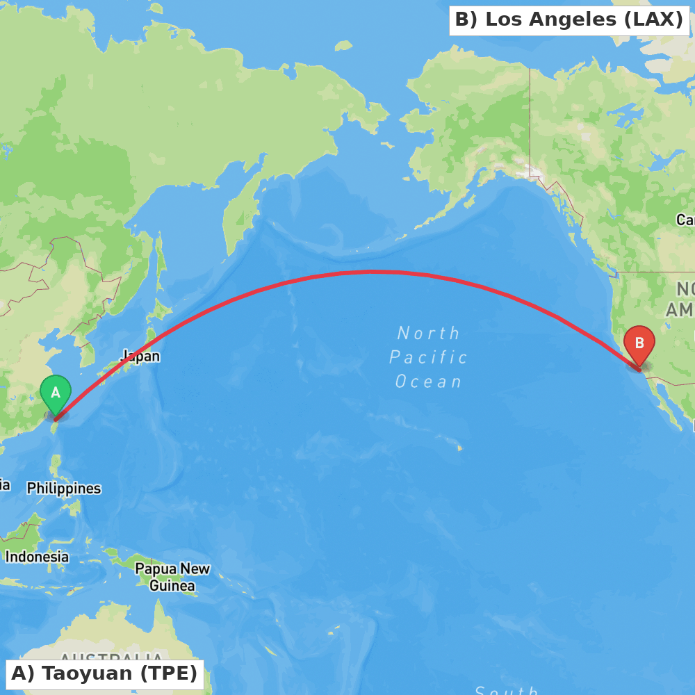 Flight route map from Taoyuan to Los Angeles