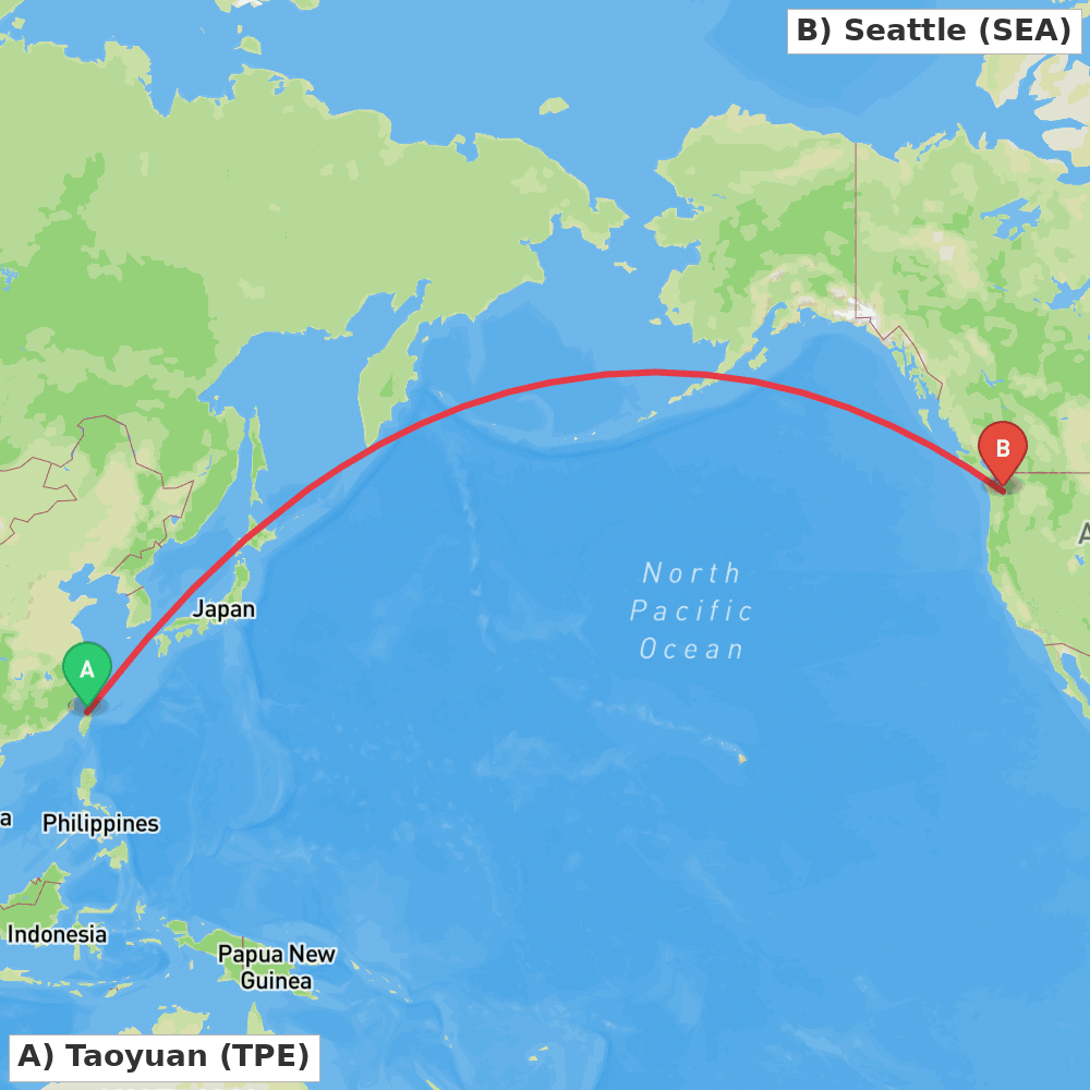 Flight route map from Taoyuan to Seattle