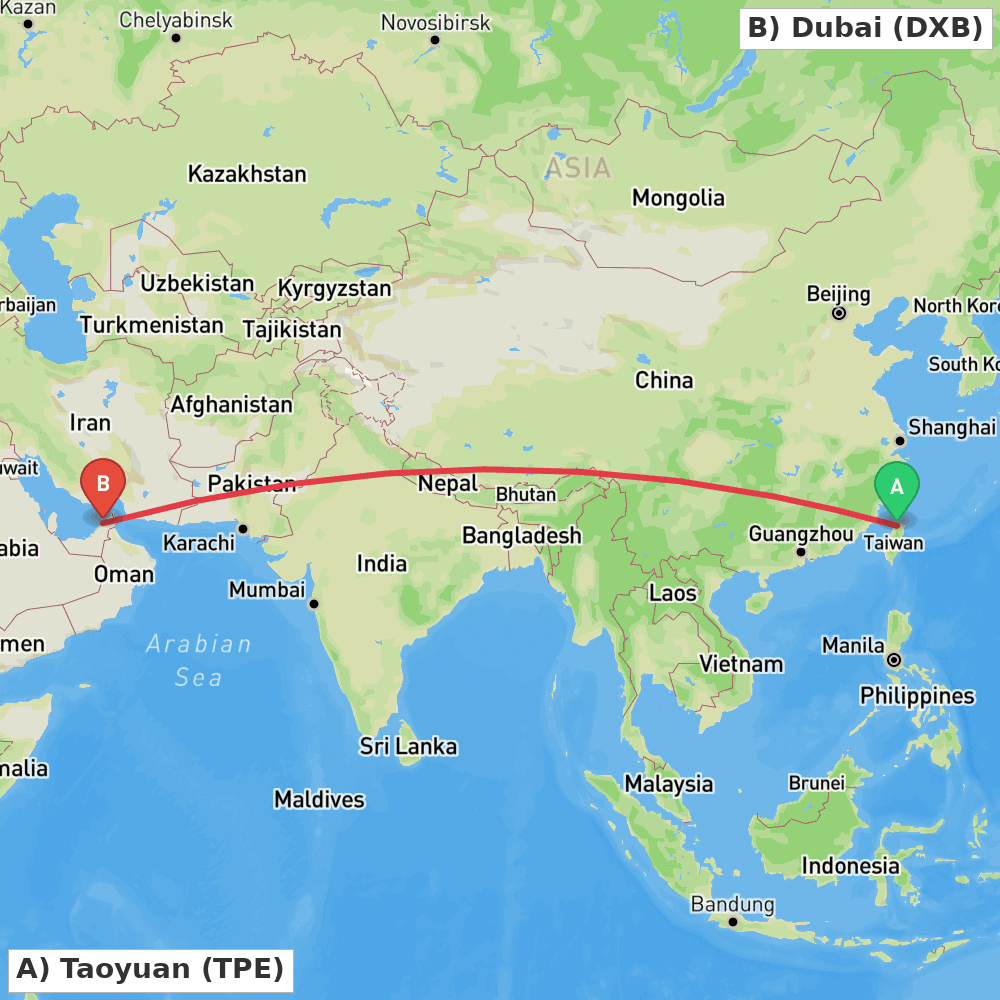 Flight route map from Taoyuan to Dubai
