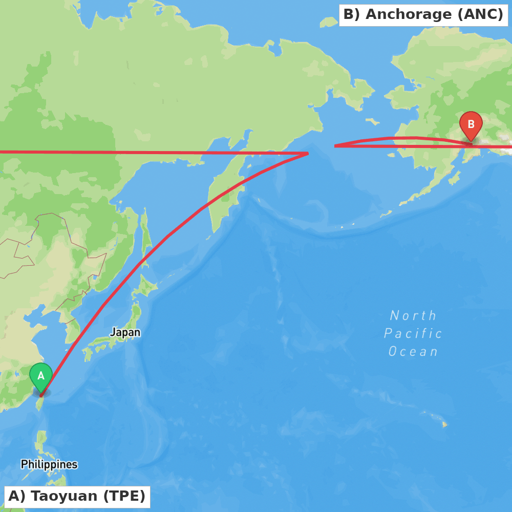 Flight route map from Taoyuan to Anchorage