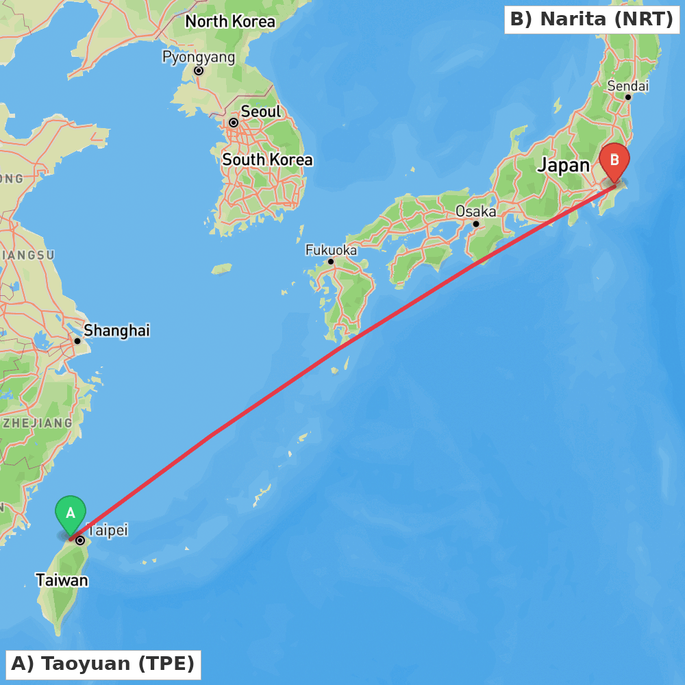 Flight route map from Taoyuan to Narita