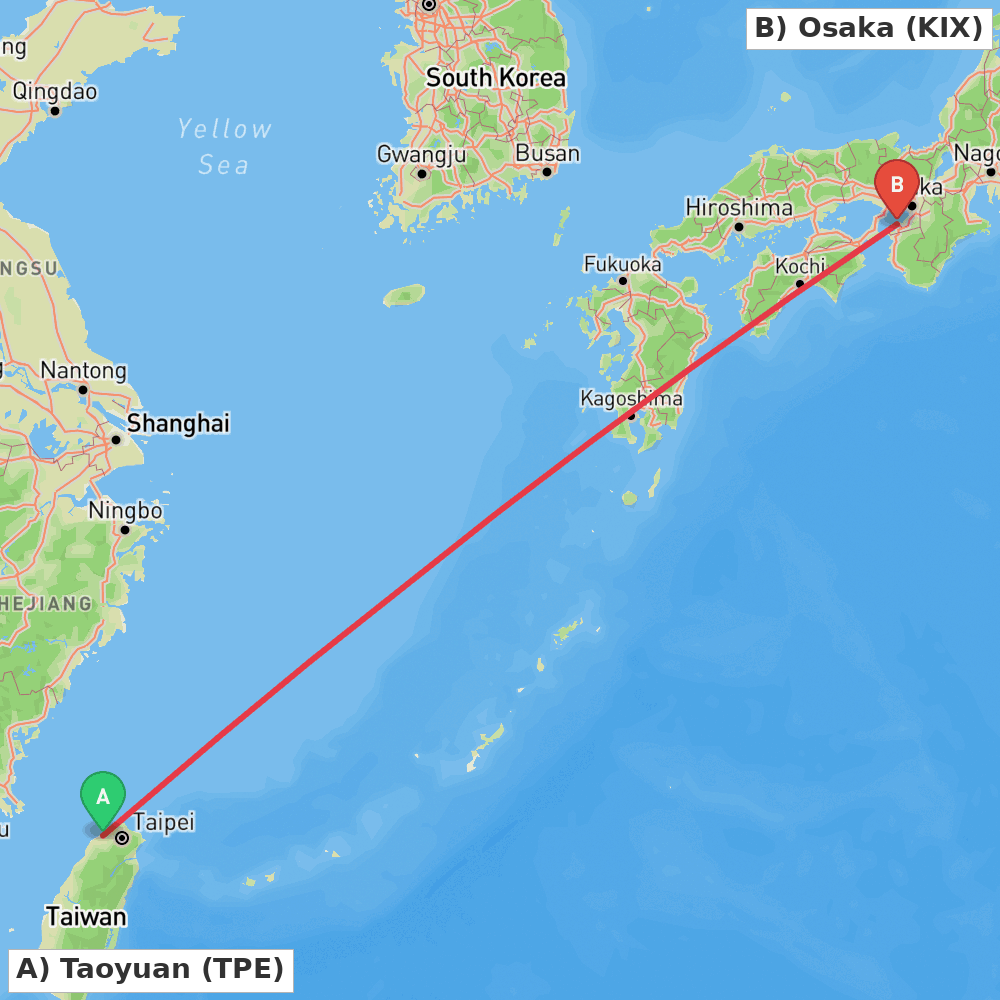 Flight route map from Taoyuan to Osaka