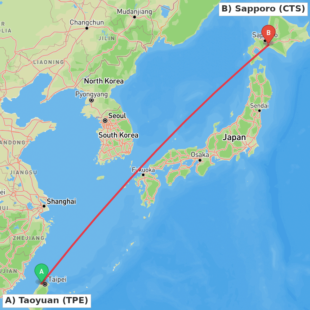 Flight route map from Taoyuan to Sapporo
