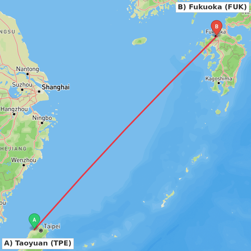 Flight route map from Taoyuan to Fukuoka