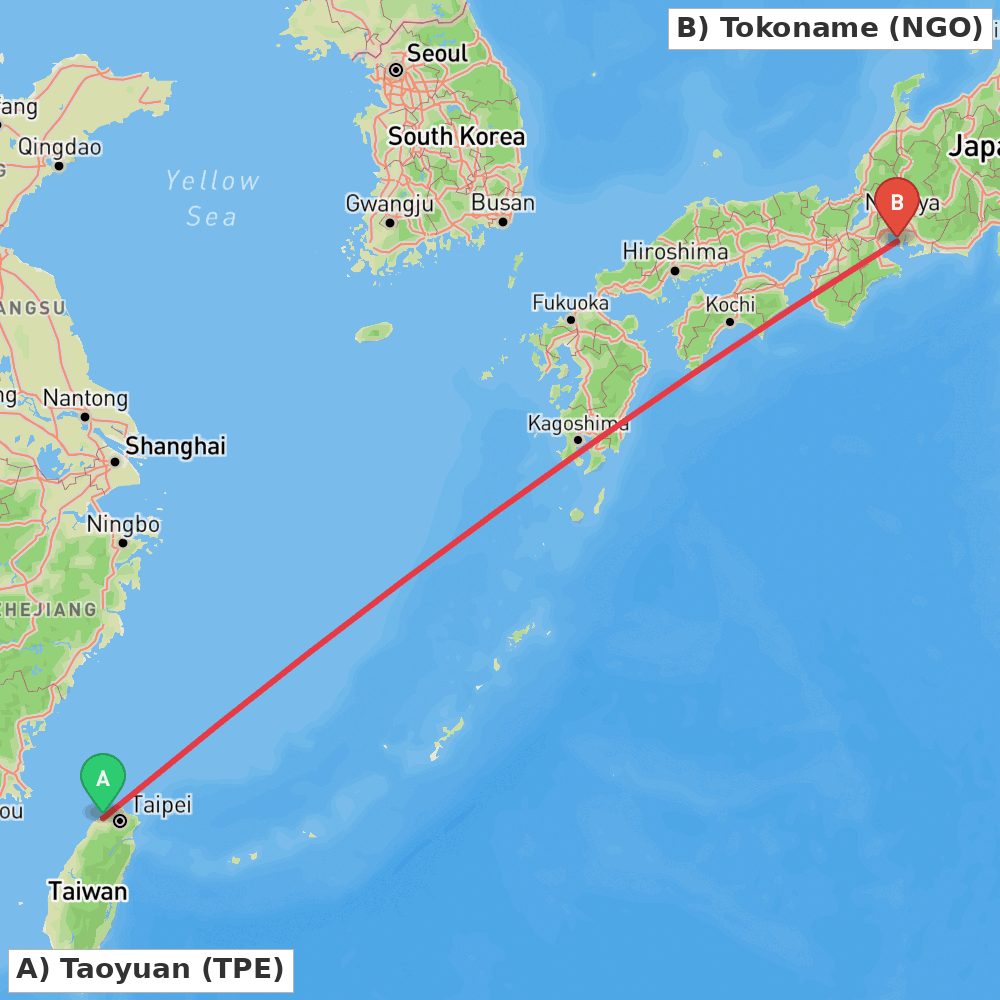 Flight route map from Taoyuan to Tokoname
