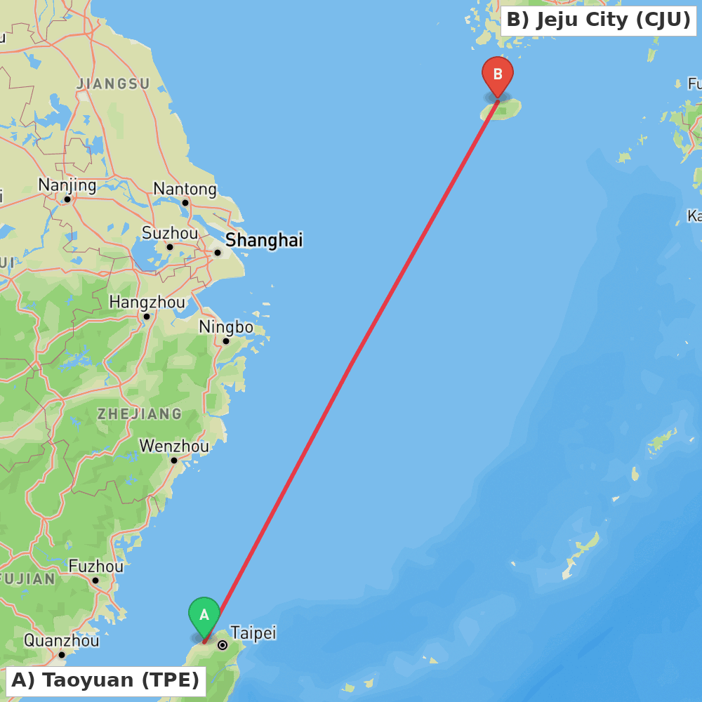 Flight route map from Taoyuan to Jeju City