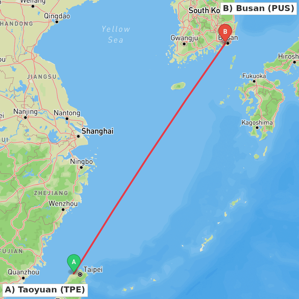 Flight route map from Taoyuan to Busan
