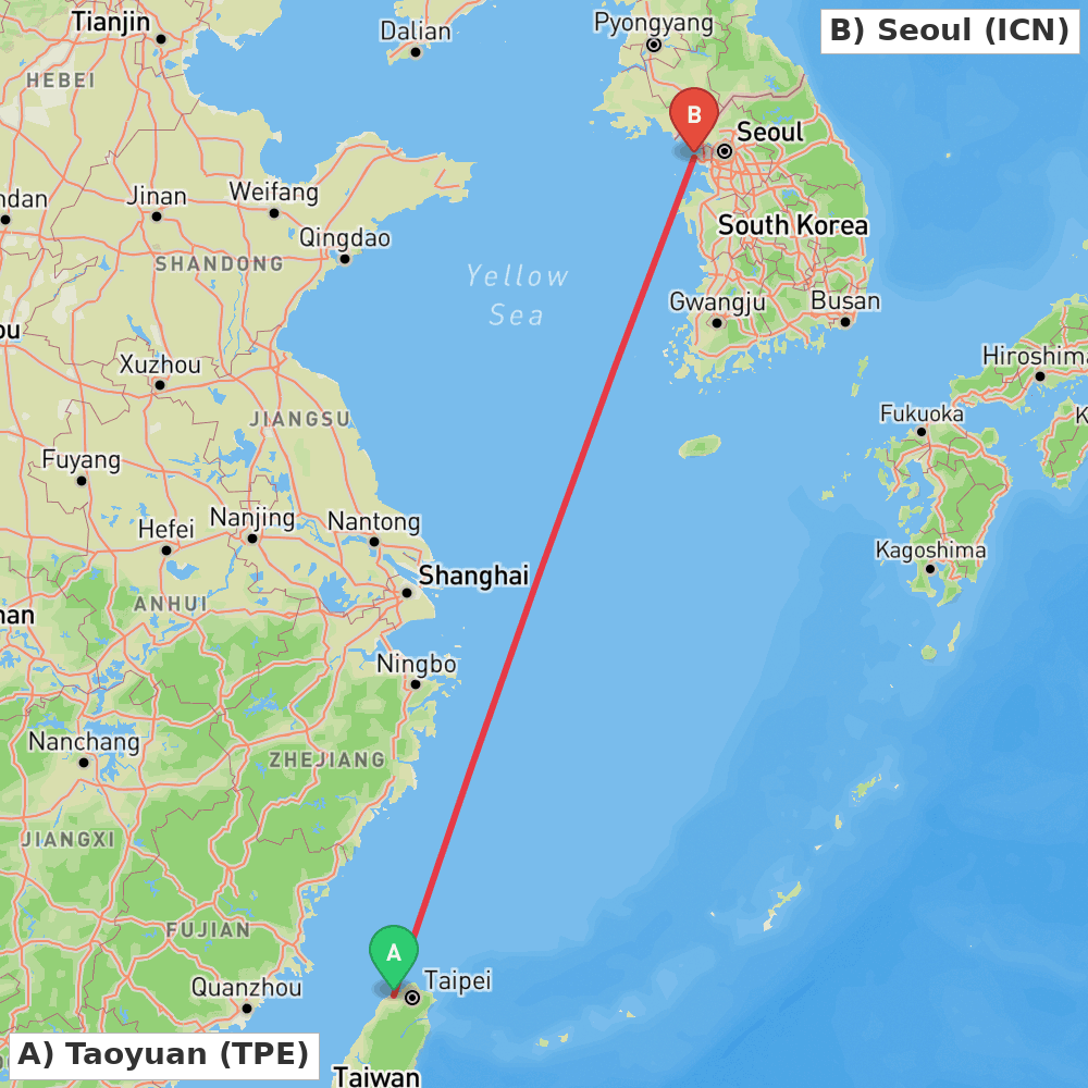 Flight route map from Taoyuan to Seoul