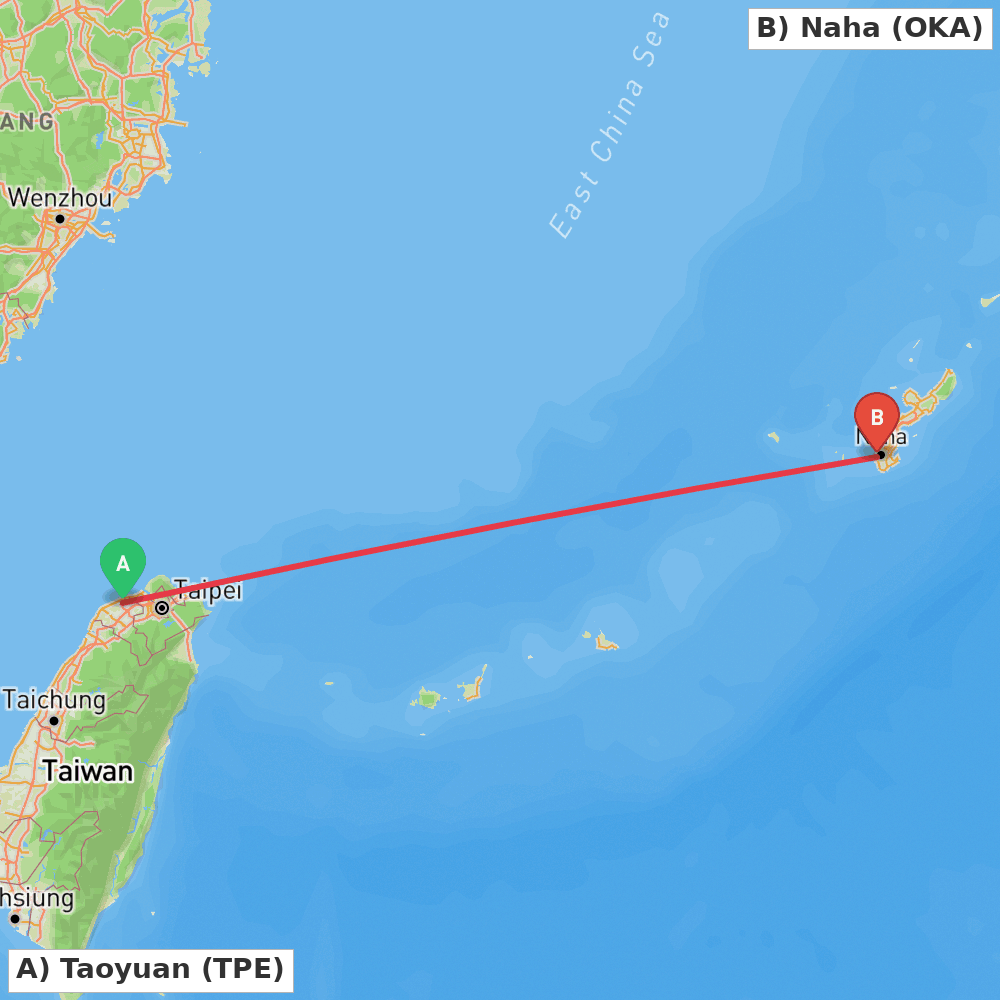 Flight route map from Taoyuan to Naha
