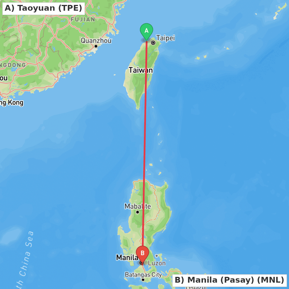 Flight route map from Taoyuan to Manila (Pasay)