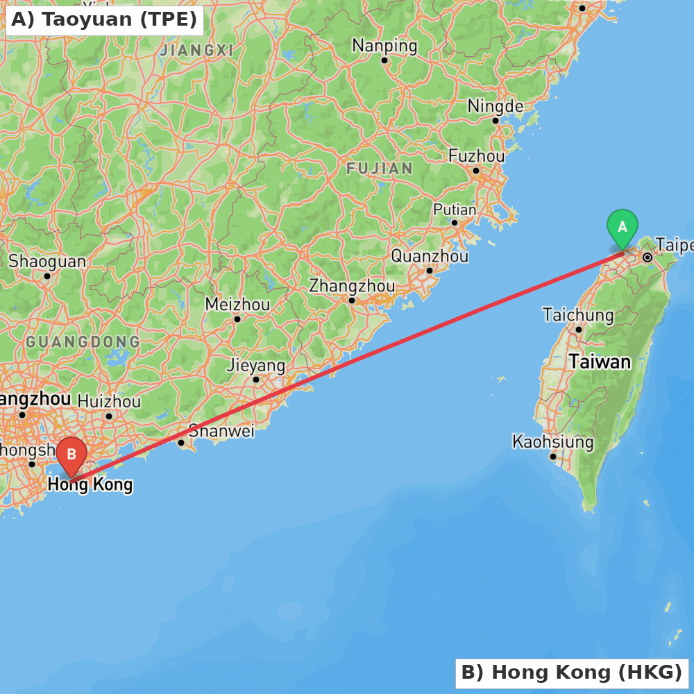 Flight route map from Taoyuan to Hong Kong