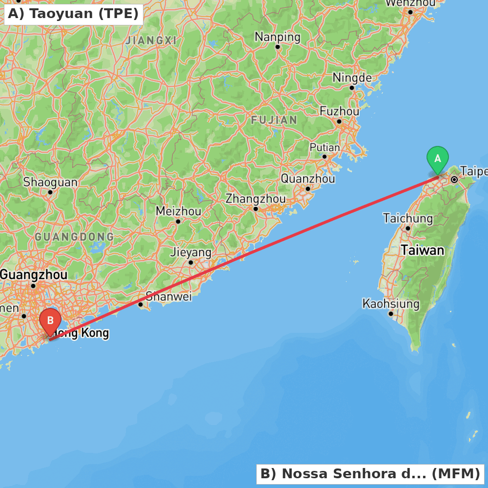 Flight route map from Taoyuan to Nossa Senhora do Carmo