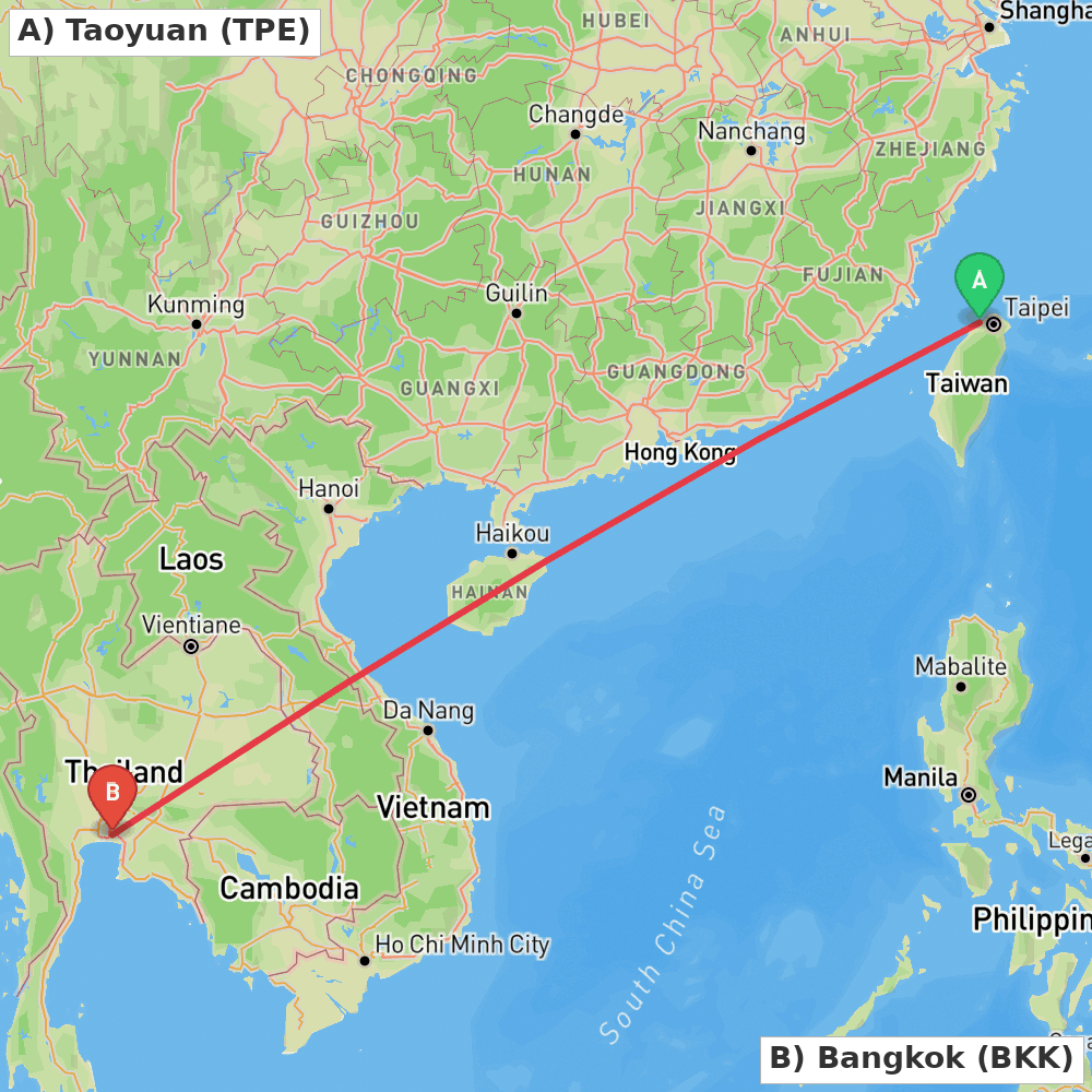 Flight route map from Taoyuan to Bangkok