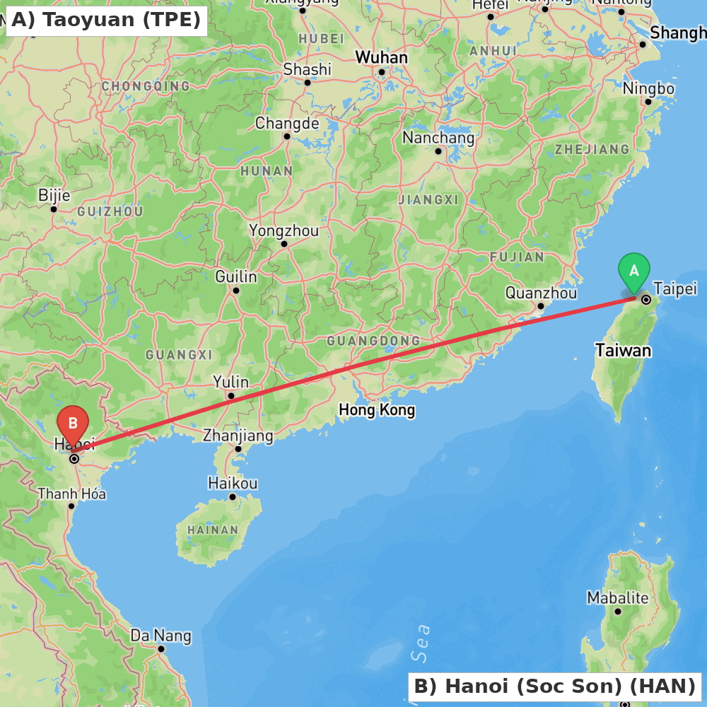 Flight route map from Taoyuan to Hanoi (Soc Son)