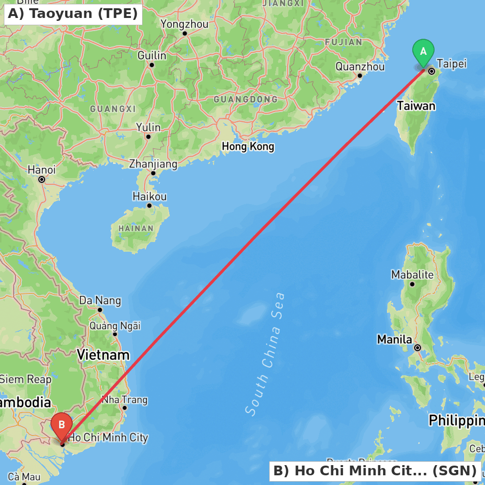 Flight route map from Taoyuan to Ho Chi Minh City