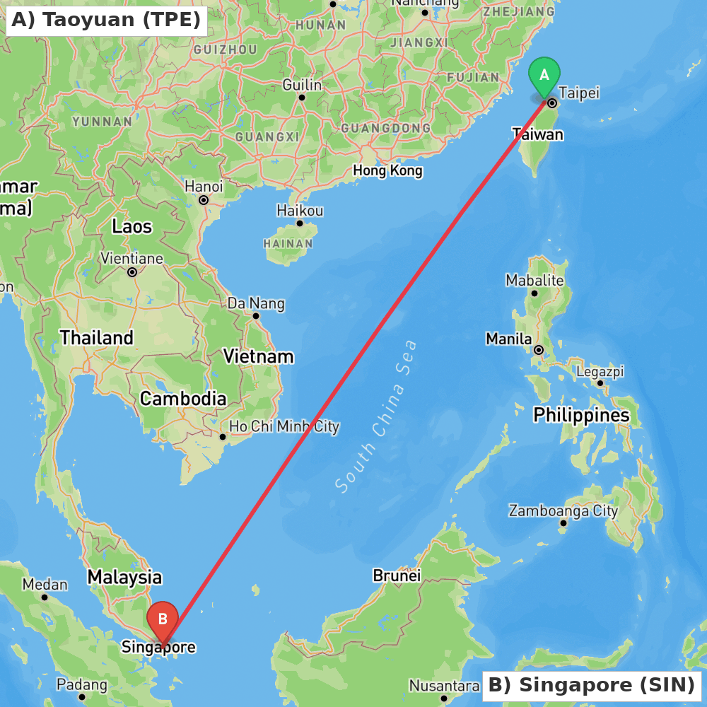 Flight route map from Taoyuan to Singapore