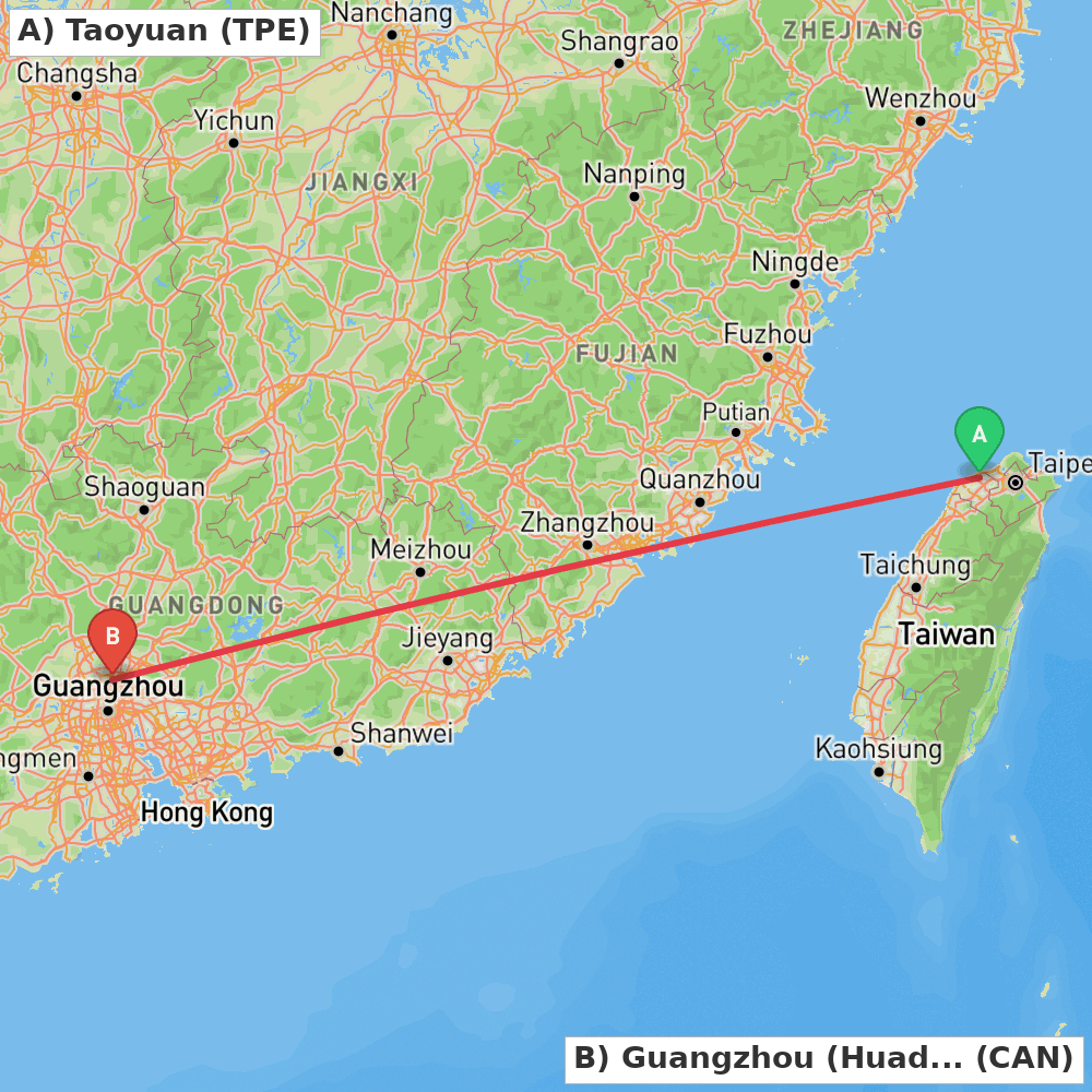 Flight route map from Taoyuan to Guangzhou (Huadu)
