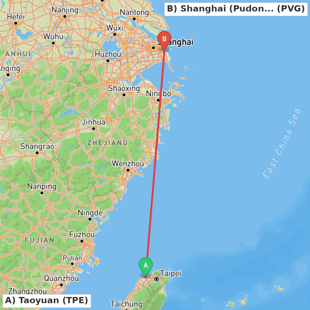 Flight route map from Taoyuan to Shanghai (Pudong)