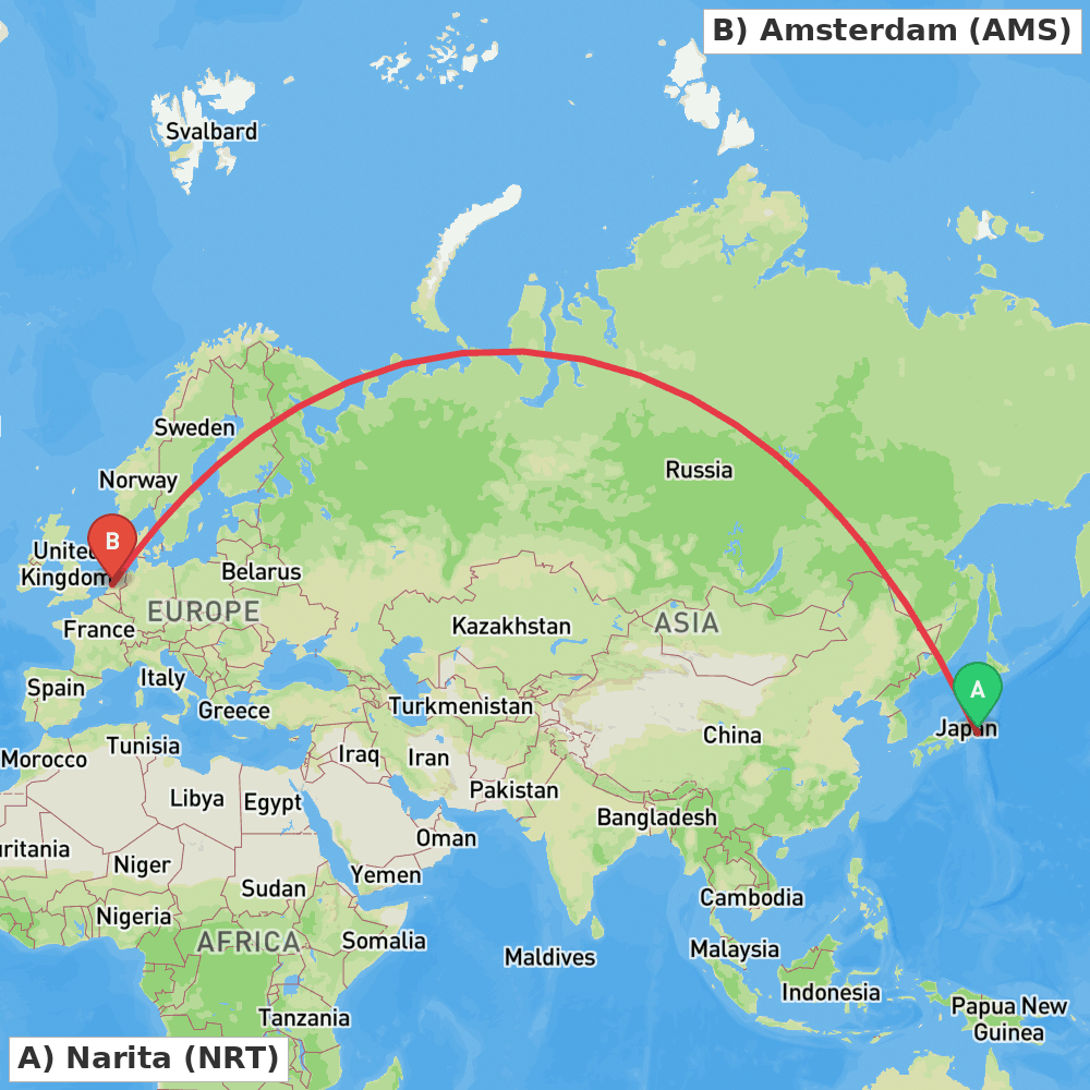 Flight route map from Narita to Amsterdam