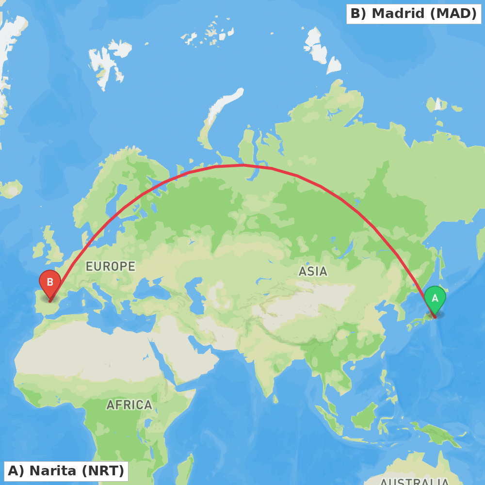 Flight route map from Narita to Madrid