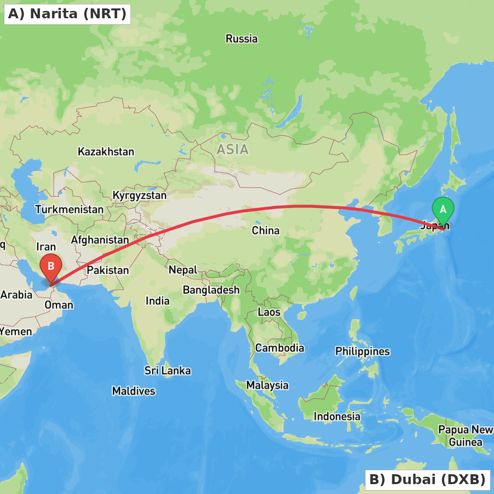 Flight route map from Narita to Dubai