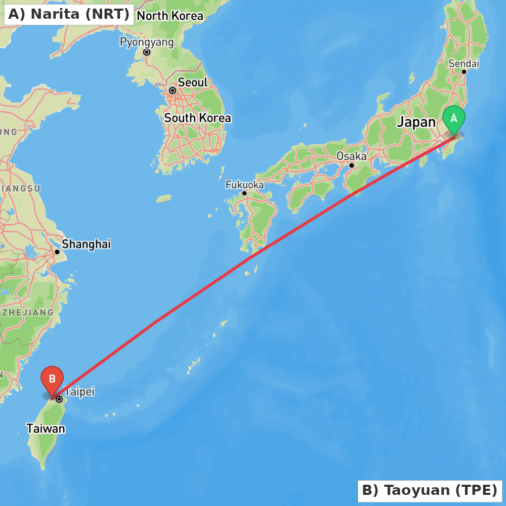 Flight route map from Narita to Taoyuan