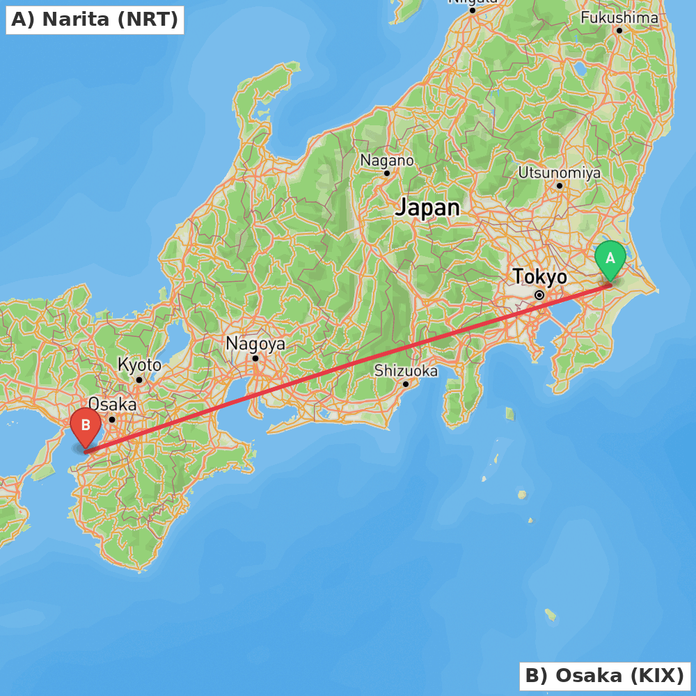 Flight route map from Narita to Osaka