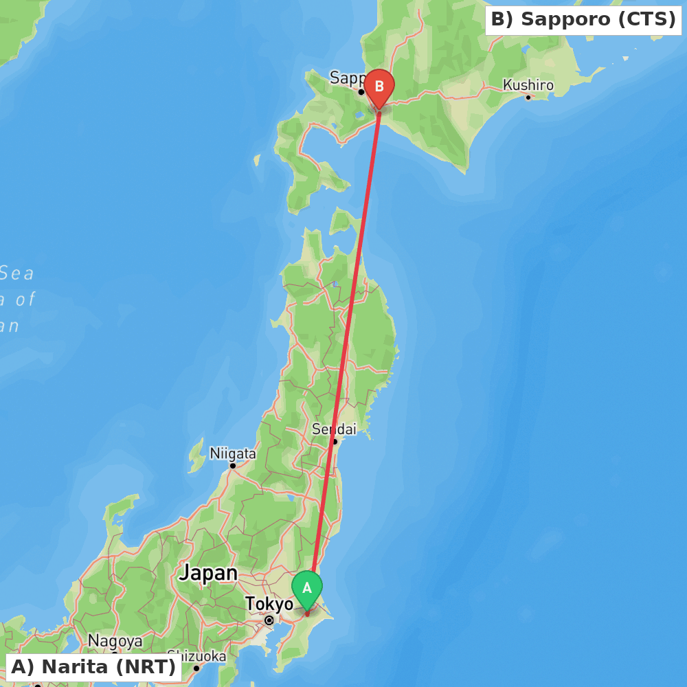 Flight route map from Narita to Sapporo