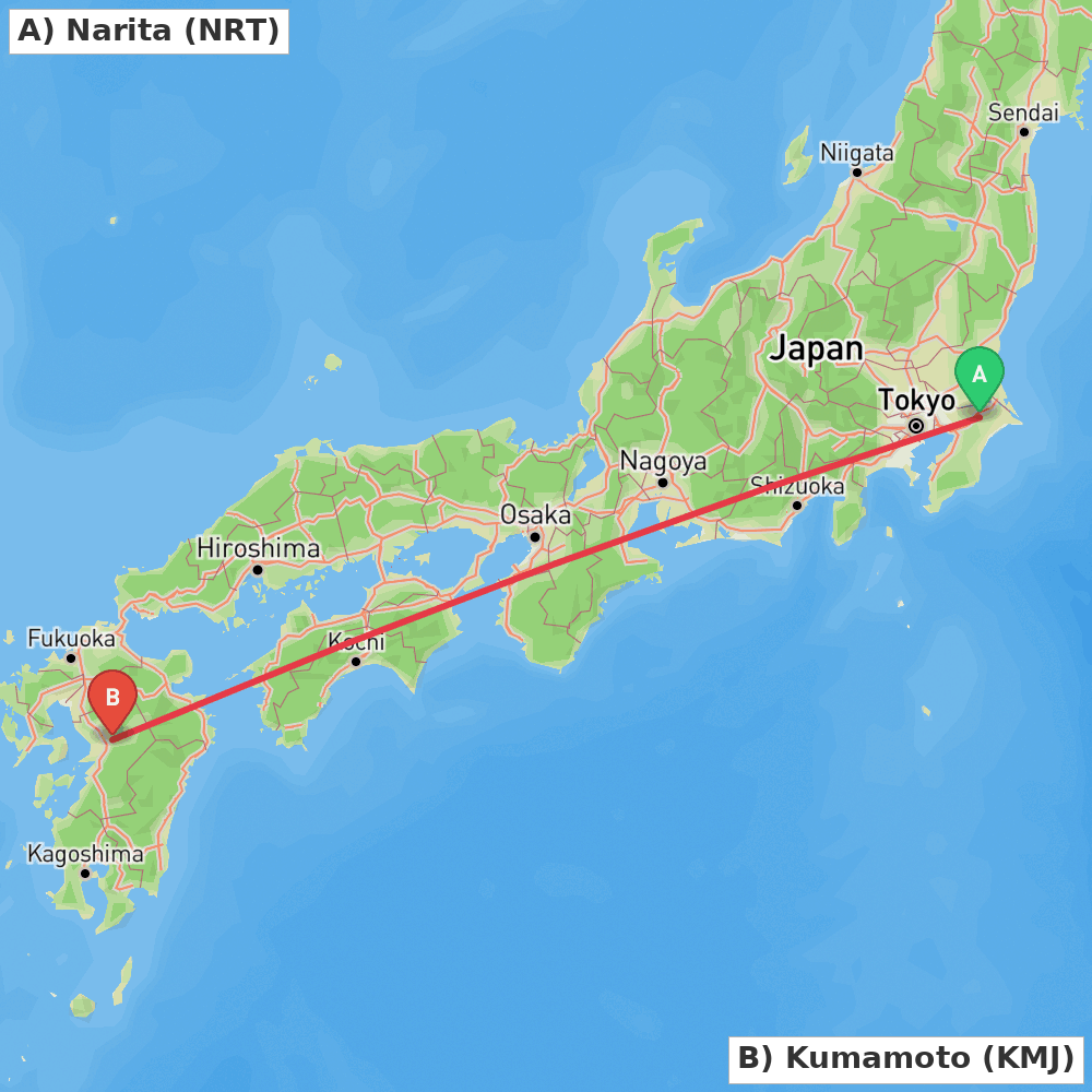 Flight route map from Narita to Kumamoto