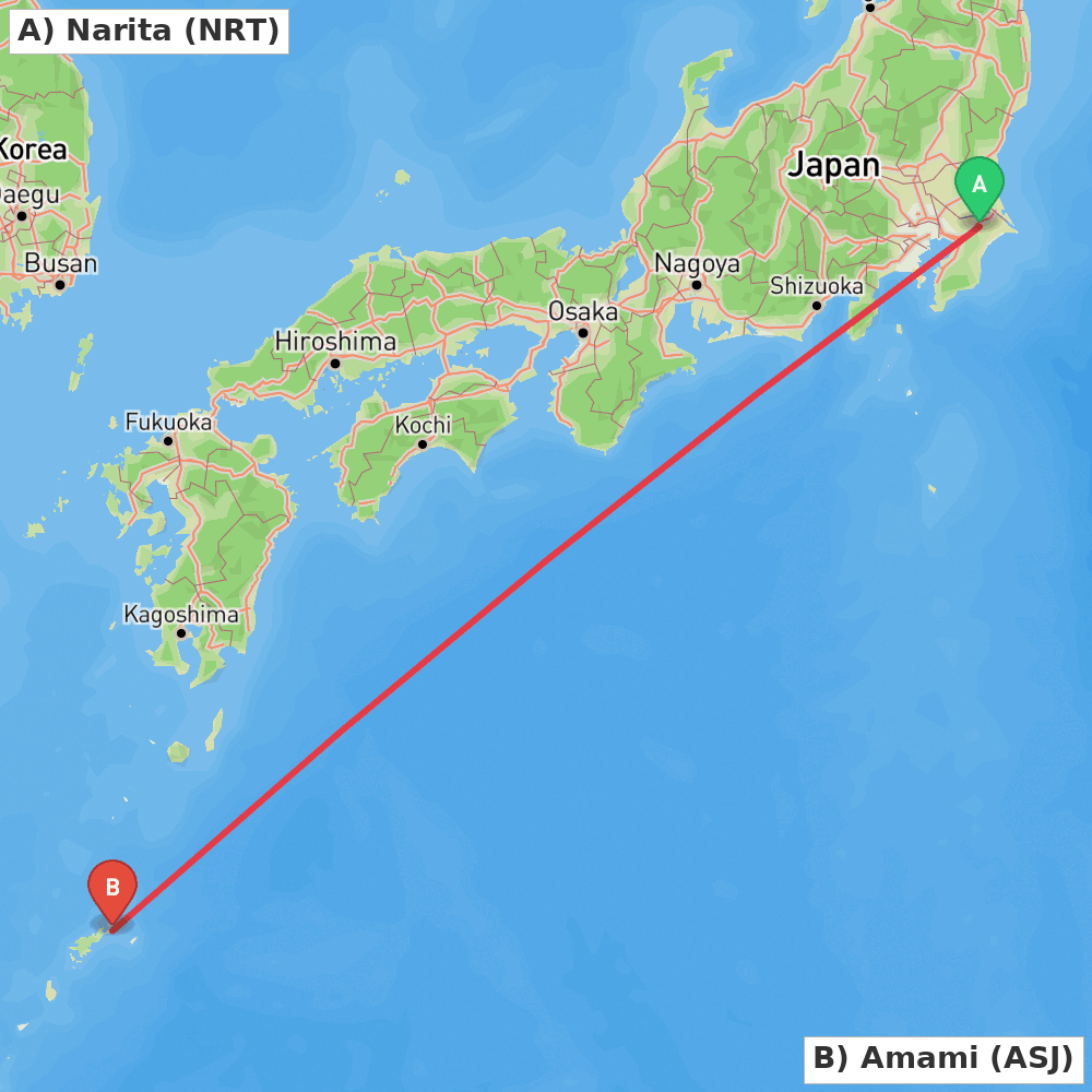 Flight route map from Narita to Amami
