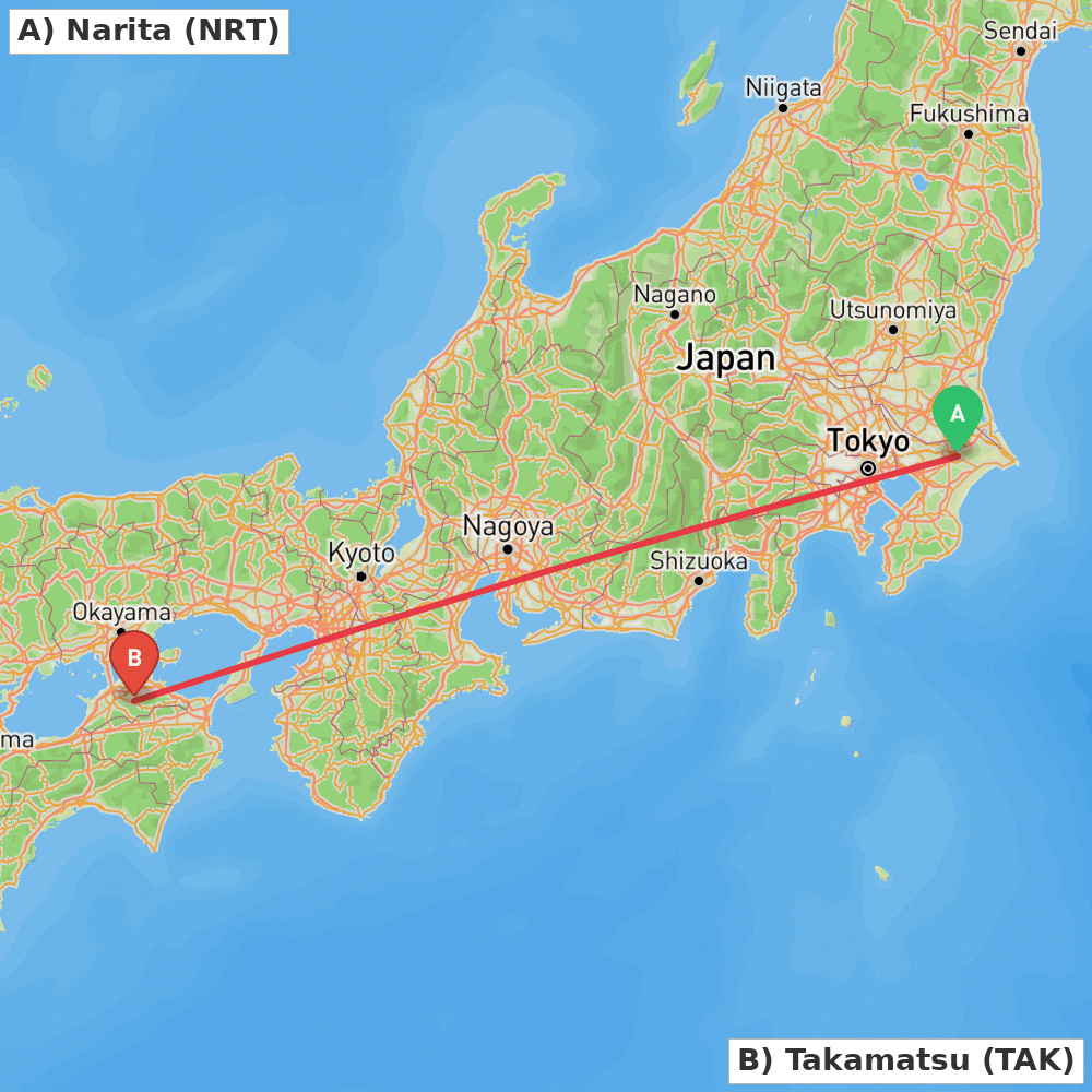 Flight route map from Narita to Takamatsu