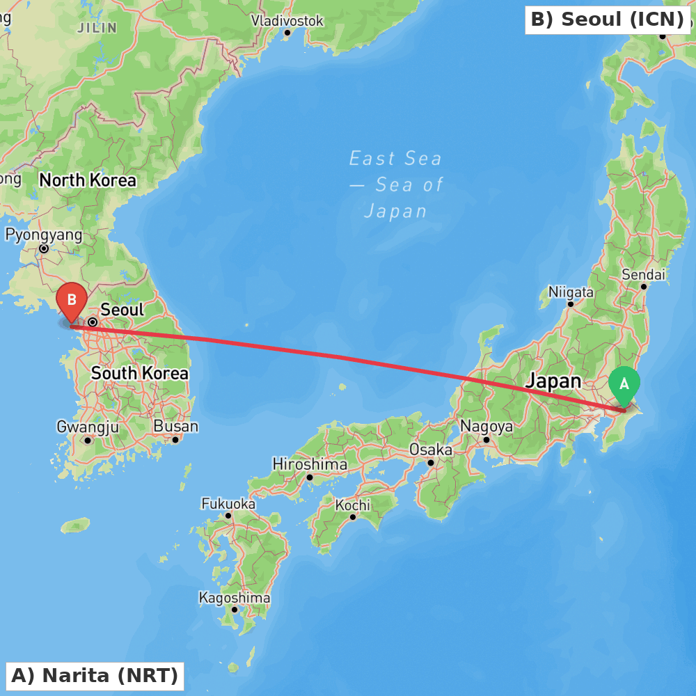 Flight route map from Narita to Seoul