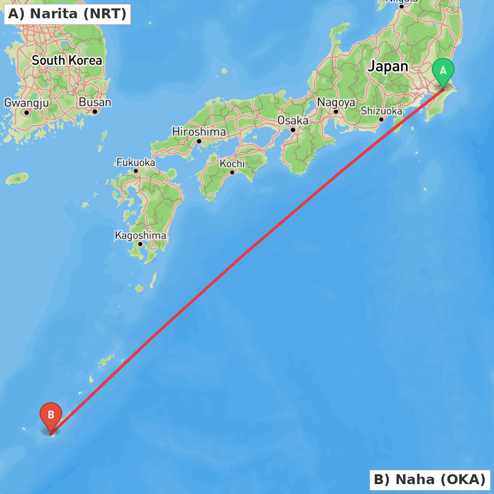 Flight route map from Narita to Naha
