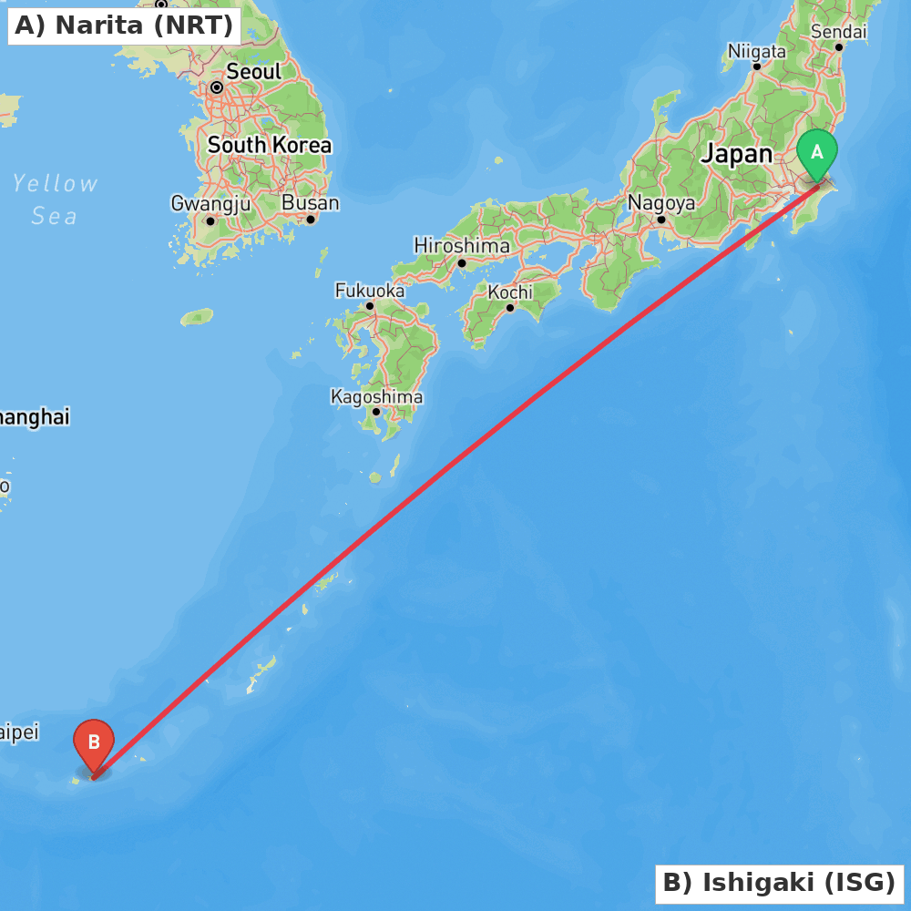 Flight route map from Narita to Ishigaki
