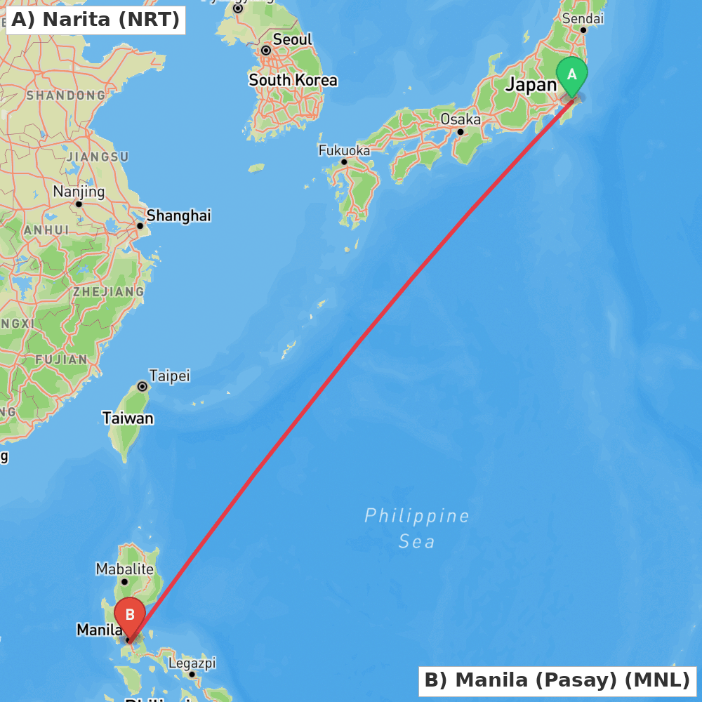 Flight route map from Narita to Manila (Pasay)