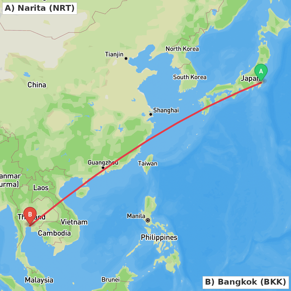 Flight route map from Narita to Bangkok