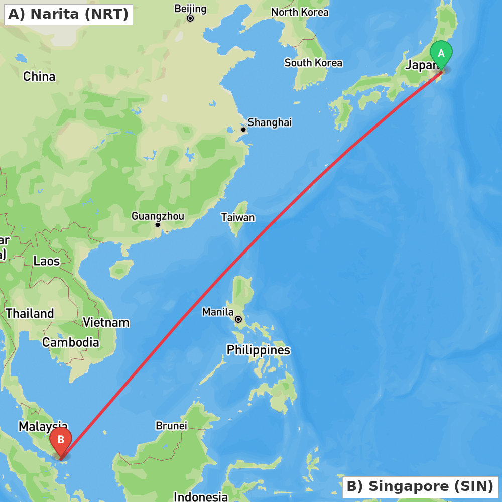 Flight route map from Narita to Singapore