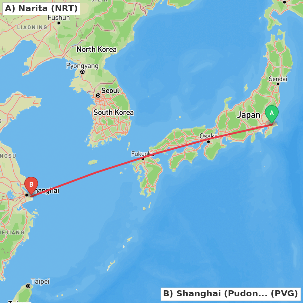 Flight route map from Narita to Shanghai (Pudong)