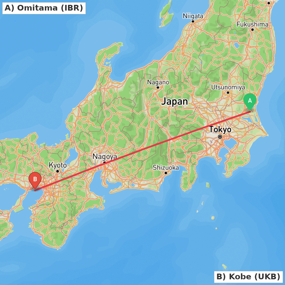 Flight route map from Omitama to Kobe