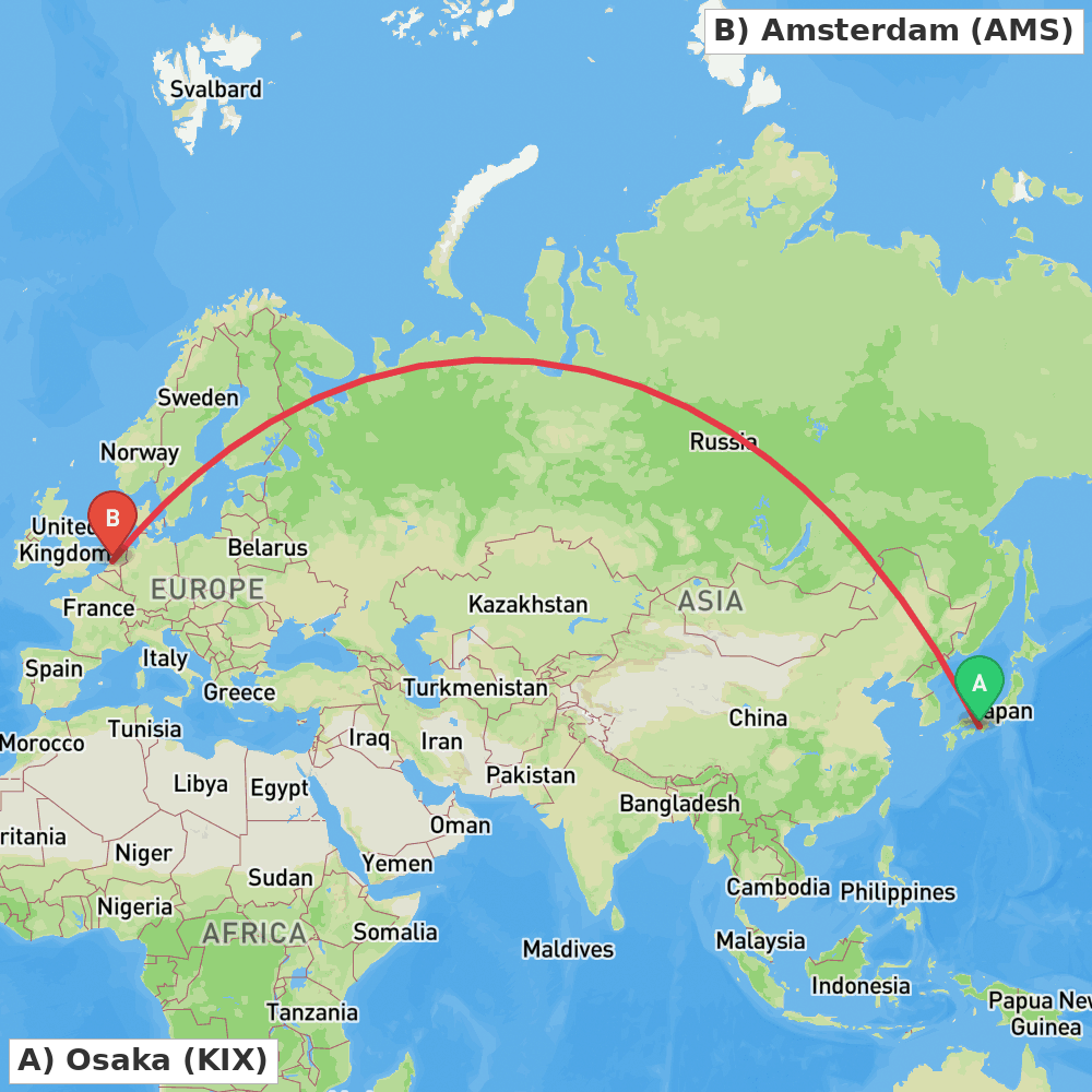 Flight route map from Osaka to Amsterdam