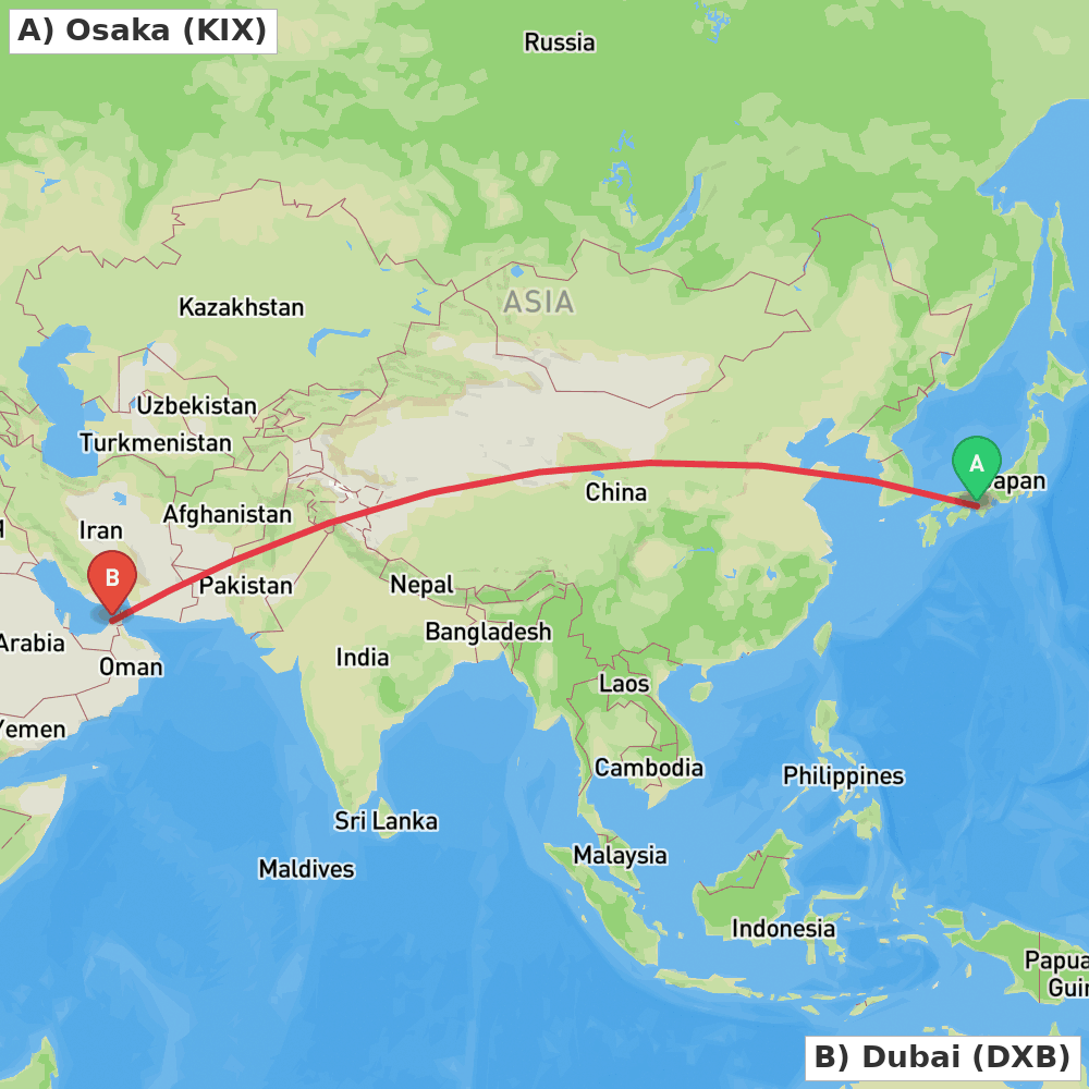 Flight route map from Osaka to Dubai